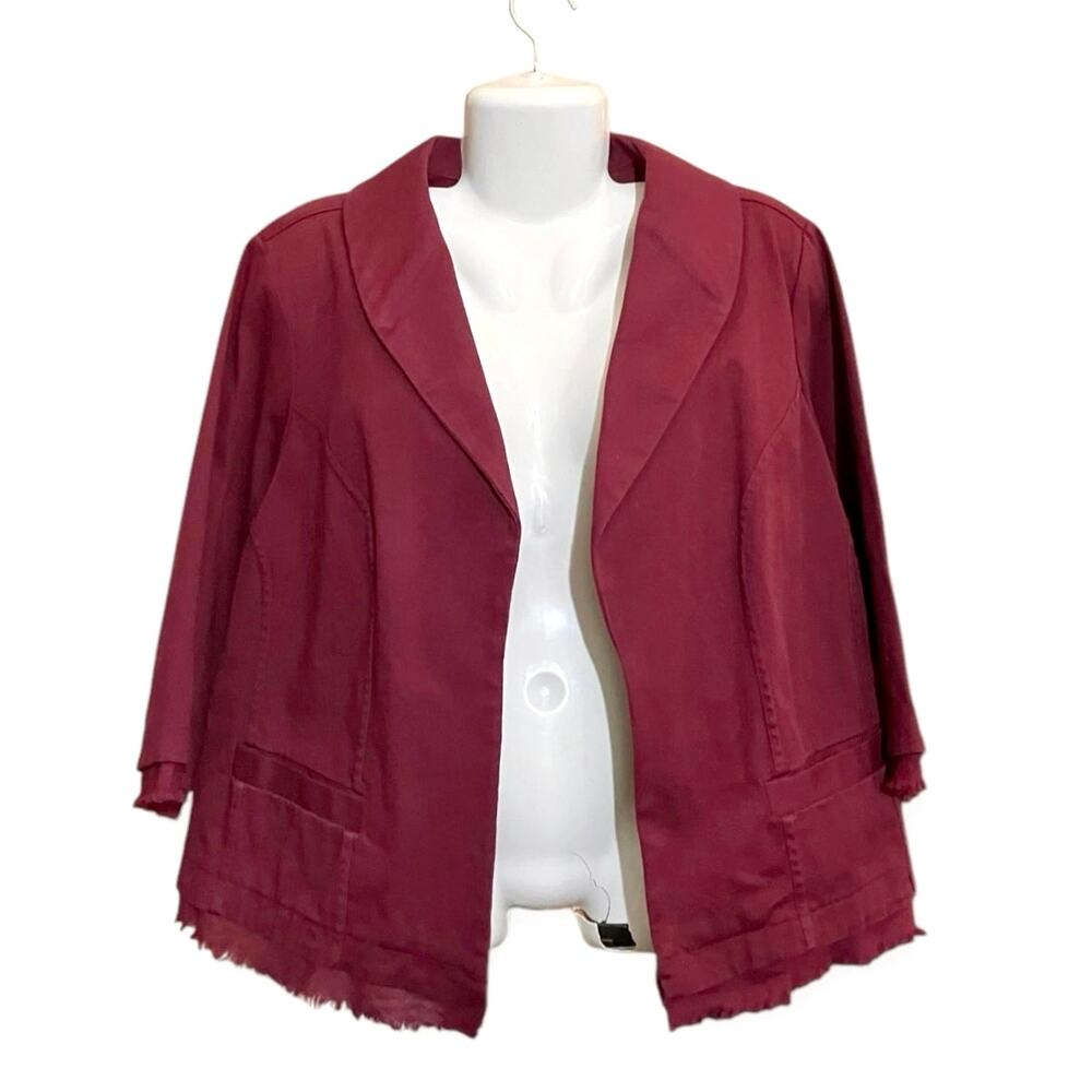 CJ Banks Women's Maroon Open Front 3/4 Sleeve Frayed Denim Blazer Pockets SZ 1X